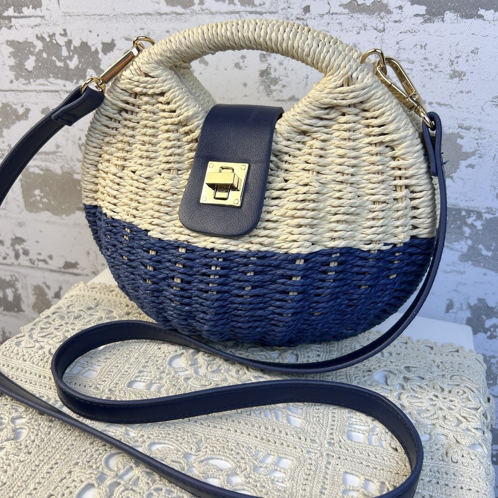 Shiraleah Chicago Straw Clamshell Mini Purse Blue Natural Beige Coastal Beach - Picture 4 of 16